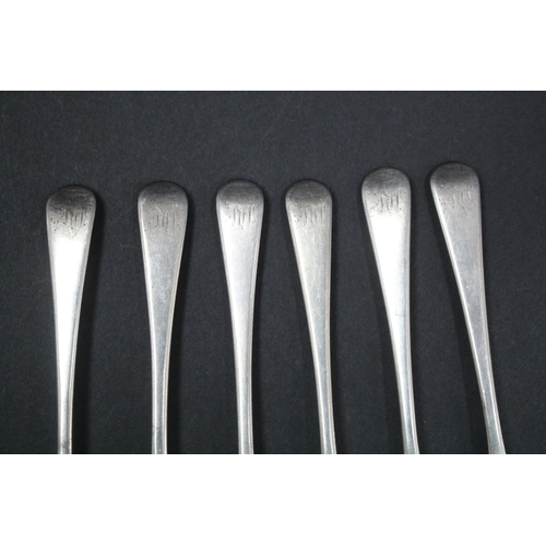 1005 - Set of six Georgian hallmarked sterling silver teaspoons, London maker JW?, approx 118gms  (6)