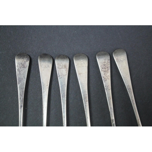 1012 - Set of six Georgian hallmarked sterling silver teaspoons, London maker ?, approx 65gms   (6)