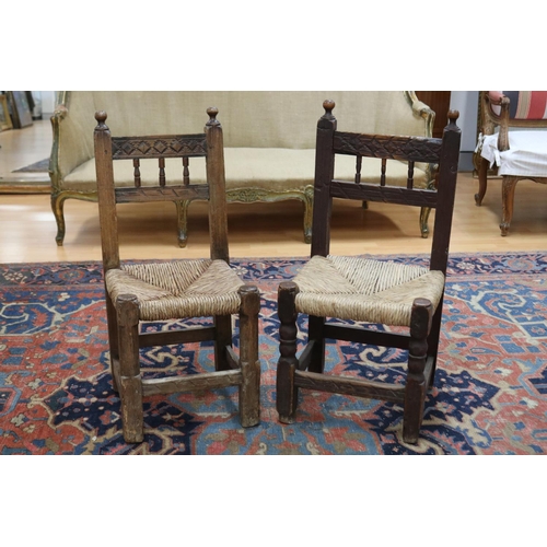 360 - Two similar antique late 17th century or early 18th century Spanish rush seated chairs, each approx ... 