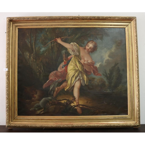 After François Boucher, "Sylvie fuyant le loup qu'elle a blessé" (Sylvie fleeing the wolf she hunted) oil on canvas, in gilt frame. Showing signs of restoration, approx 80cm x 98cm