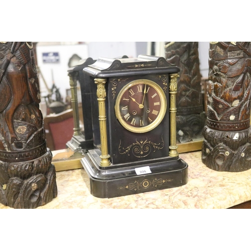 220 - Antique black slate clock with gilt highlights, untested, has key and pendulum, (in office C148.86) ... 