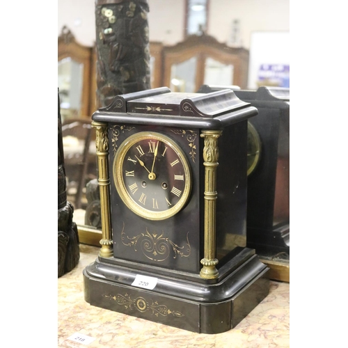 220 - Antique black slate clock with gilt highlights, untested, has key and pendulum, (in office C148.86) ... 