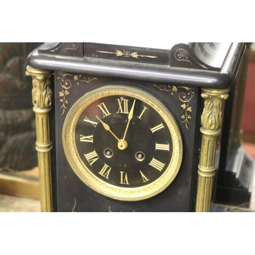 220 - Antique black slate clock with gilt highlights, untested, has key and pendulum, (in office C148.86) ... 