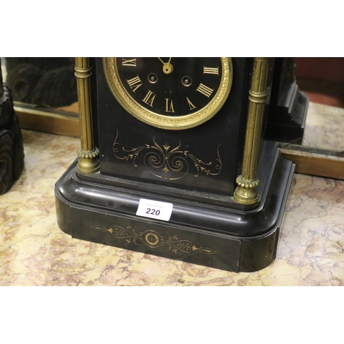 220 - Antique black slate clock with gilt highlights, untested, has key and pendulum, (in office C148.86) ... 