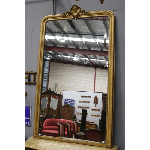 219 - Large antique French mirror, with central C scroll crest, and beaded inner edge, approx 180cm H x 10... 