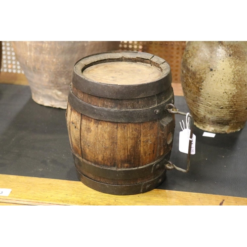 342 - Antique French wooden staved keg, with hand forged metal mounts. From the French Alps, approx 20cm H... 