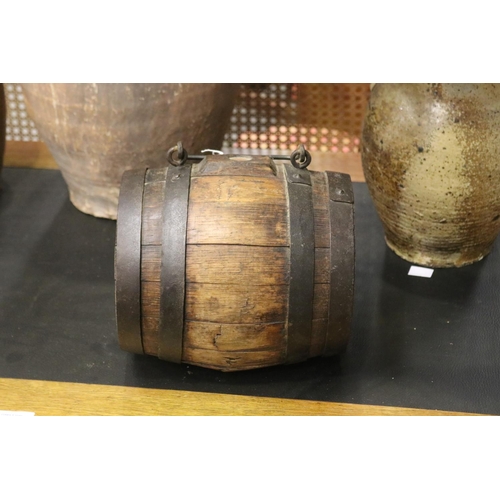 342 - Antique French wooden staved keg, with hand forged metal mounts. From the French Alps, approx 20cm H... 
