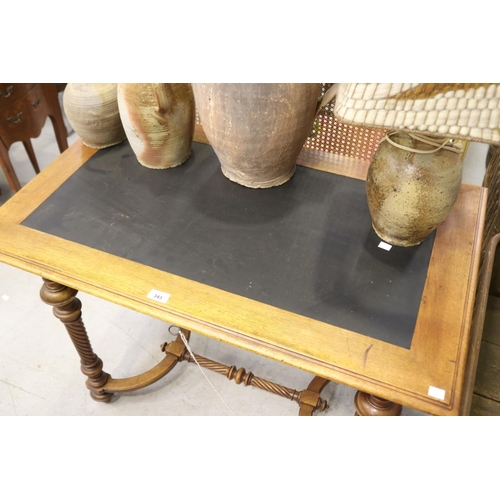 343 - Vintage French leather topped desk / table with stretcher base, approx 76cm H x 99cm W x 60cm D