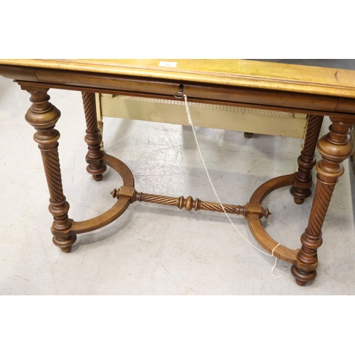 343 - Vintage French leather topped desk / table with stretcher base, approx 76cm H x 99cm W x 60cm D