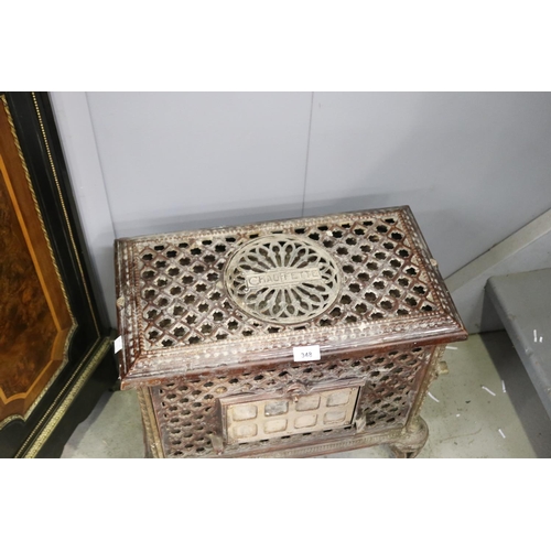 348 - Antique French Chauffette single door brown enamelled iron heater, approx 51cm H x 52cm W x 29cm D
