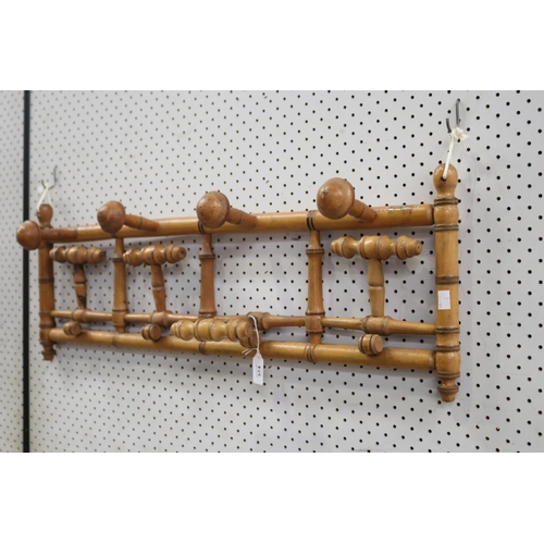 374 - Antique French faux bamboo wall mountable coat rack, approx 30cm H x 82cm W