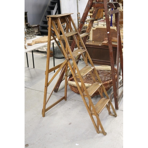 400 - Antique French beech wood folding step ladder, approx 137cm H
