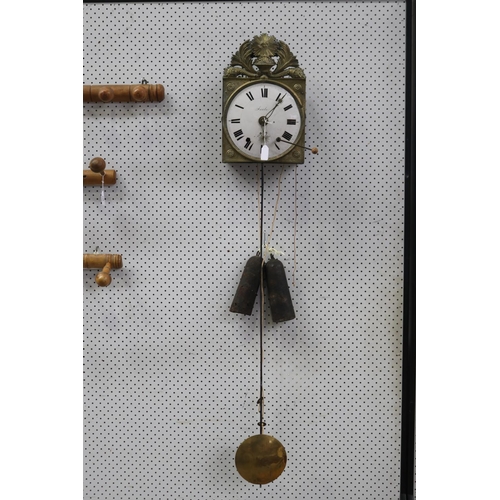 433 - Antique French comtoise clock movement, has key (in office D4071-1-68), pendulum and weights