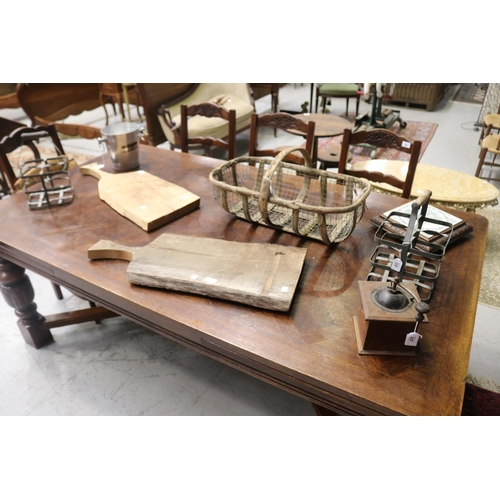 246 - Large early 20th century French oak table, with drawer leaves to the ends. All standing on carved ba... 