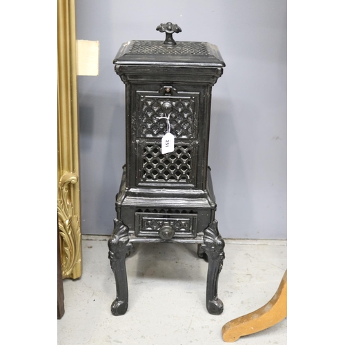 251 - Petit antique French black enamelled iron pedestal, wood burning room heater, approx 60cm H