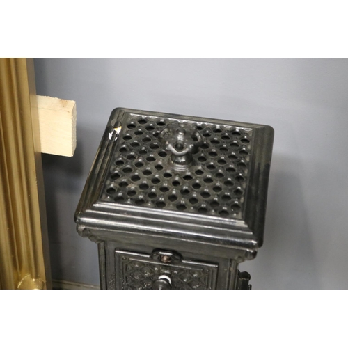 251 - Petit antique French black enamelled iron pedestal, wood burning room heater, approx 60cm H