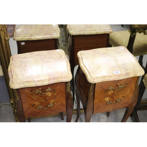 254 - Pair of French Louis XV style marble topped nightstands, each approx 75cm H x 35cm W (2)