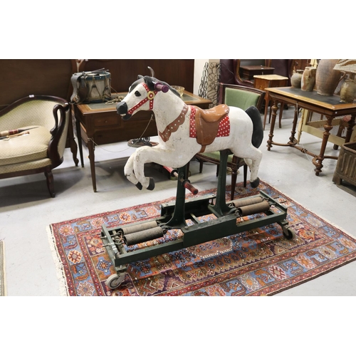 258 - Vintage French wooden rocking horse, with spring platform base on wheels,  approx 120cm H x 135cm L