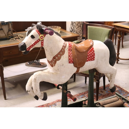 258 - Vintage French wooden rocking horse, with spring platform base on wheels,  approx 120cm H x 135cm L