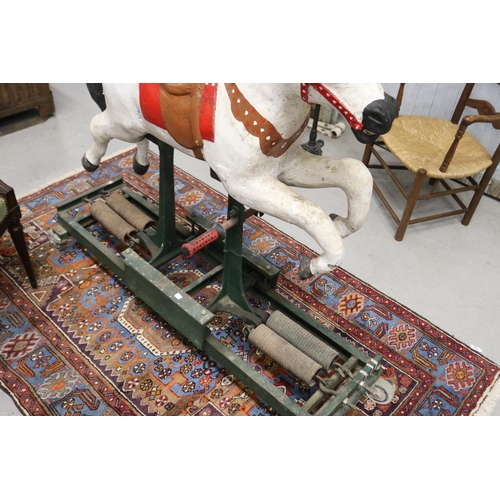 258 - Vintage French wooden rocking horse, with spring platform base on wheels,  approx 120cm H x 135cm L