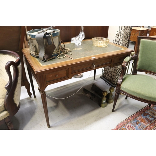 262 - French green leather topped desk and armchair, desk approx 75cm H x 120cm W x 70cm D (2)