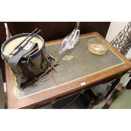 262 - French green leather topped desk and armchair, desk approx 75cm H x 120cm W x 70cm D (2)