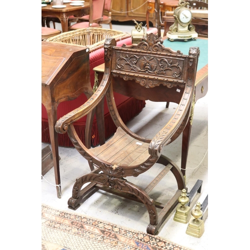 271 - Antique French carved walnut Savonarola armchair