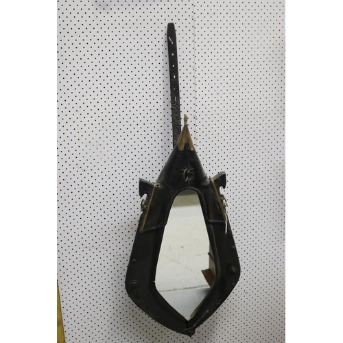 300 - Antique leather and horse hame mirror, approx 88cm H excluding hanging strap x 46cm W