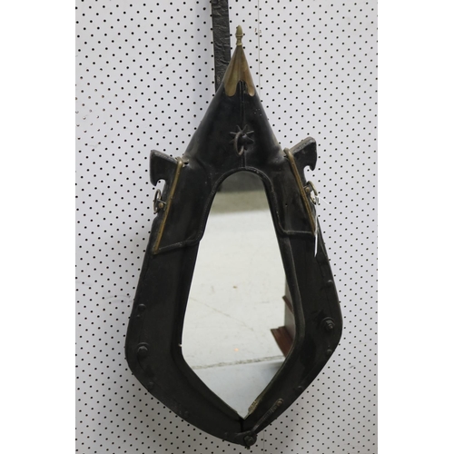 300 - Antique leather and horse hame mirror, approx 88cm H excluding hanging strap x 46cm W