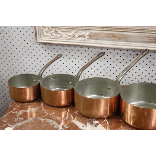 407 - Set of antique French copper & wrought iron handled saucepans, approx 9cm H x 20cm Dia ex handle and... 