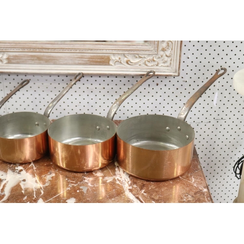 407 - Set of antique French copper & wrought iron handled saucepans, approx 9cm H x 20cm Dia ex handle and... 
