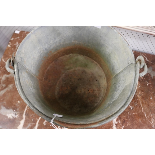 409 - Vintage French gal metal swing handled bucket, approx 23cm H ex handle x 35cm Dia