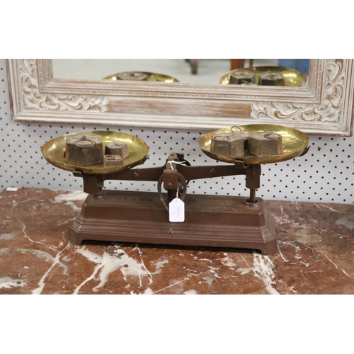 411 - Set of antique French Force scales with brass pans, approx 20cm H x 50cm W