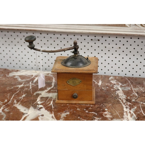 412 - French Peugeot wooden cased coffee grinder, approx 20cm H