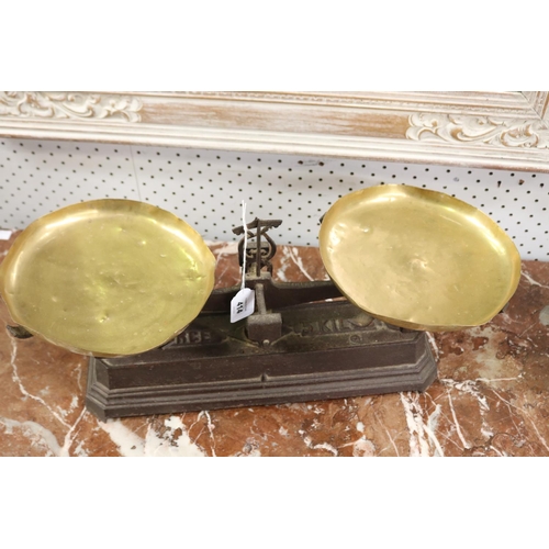 414 - Set of French Force scales with copper pans, approx 23cm H x 50cm W
