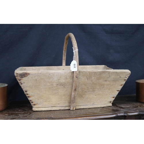 419 - Antique French rectangular wooden basket with loop carry handle, approx 17cm H ex handle x 49cm W x ... 