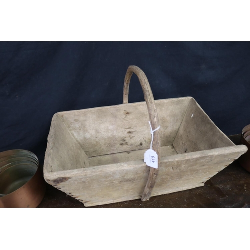 419 - Antique French rectangular wooden basket with loop carry handle, approx 17cm H ex handle x 49cm W x ... 