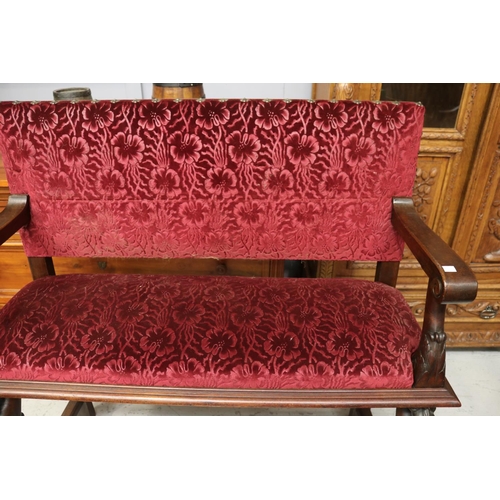 497 - Antique French Renaissance revival bench, carved frame, approx 111cm H x 114cm W x 40cm D