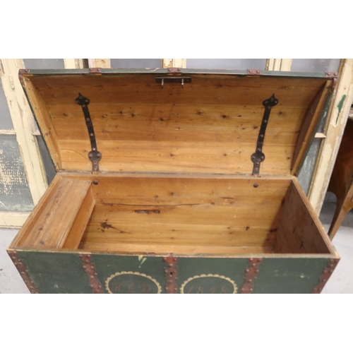 500 - Large antique mid 19th century Swiss marriage trunk, with pierced iron bound mounts, painted panel t... 