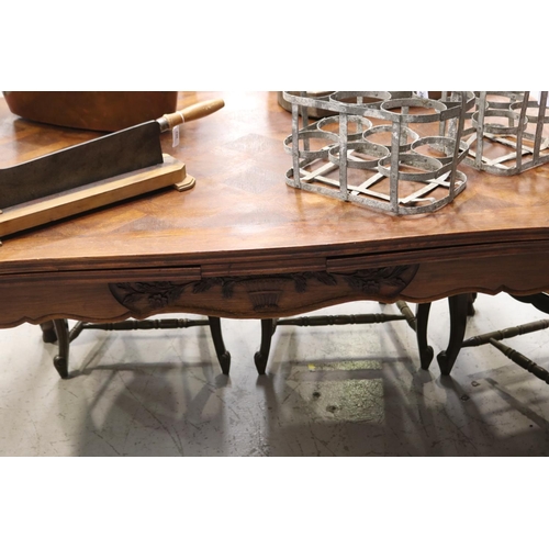 279 - French oak Louis XV style table, approx 75cm H x 140cm W (closed) x 100cm D