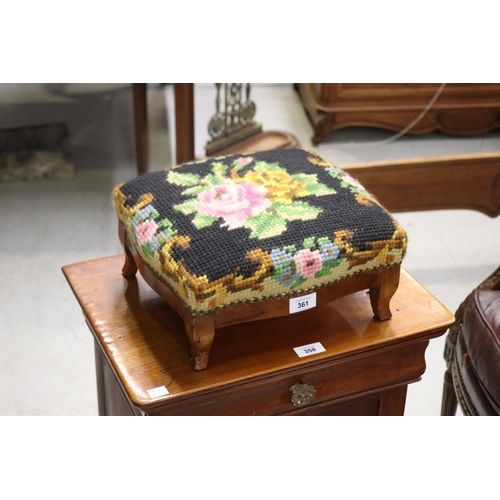361 - Antique French footstool with needlework upholstered top, approx 15cm H x 33cm W x 30cm D