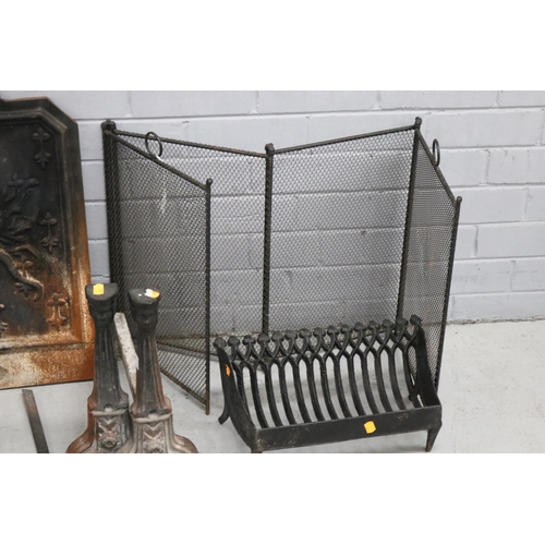 435 - French iron fire mantle set to include antique fireback, tools etc