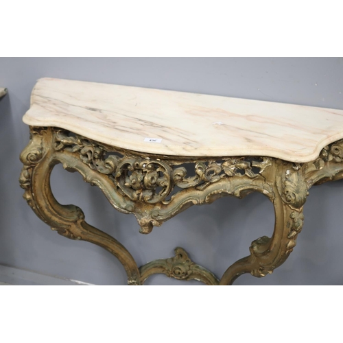 436 - Antique French Louis XV style marble topped gilt console, legs distressed, approx 82cm H x 94cm W x ... 