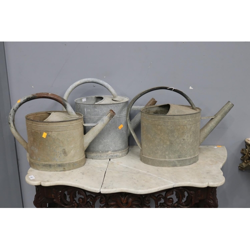 444 - Three French rustic gal metal watering cans, approx 42cm H x 56cm W and smaller (3)