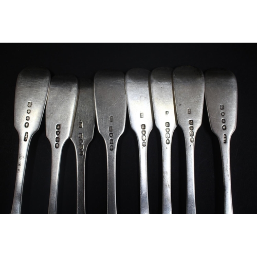 1041 - Set of eight Georgian and Victorian hallmarked sterling silver dinner forks, approx 525gms (8)