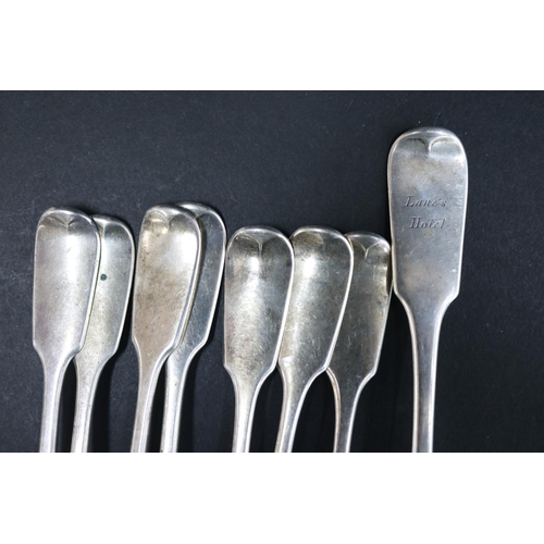 1054 - Eight Victorian hallmarked sterling silver Victorian spoons, various dates and makers, one engraved ... 