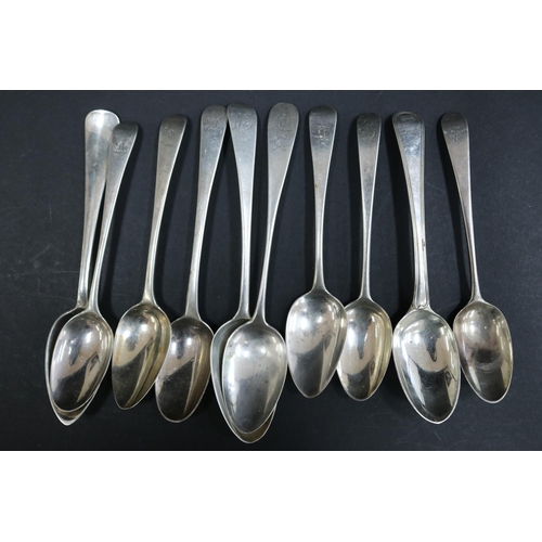 1058 - Ten hallmarked sterling silver spoons, various dates and makers, approx 365 grams & approx 19.5cm L ... 