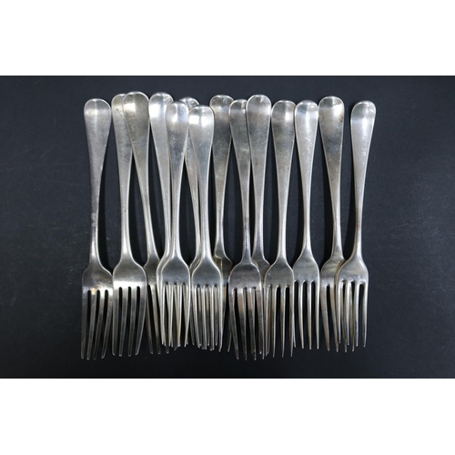 1085 - Fourteen antique mostly Dublin hallmarked sterling silver forks, approx 890 grams & approx 21cm L & ... 