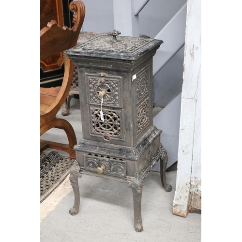346 - Antique French black enamelled iron pedestal room heater, approx 76cm H x 34cm Sq