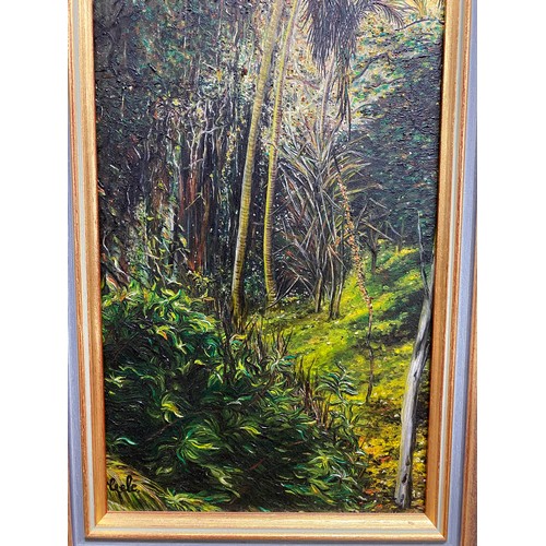 3072 - Unknown, rainforest scene, oil on board, signed lower left, approx 39.5cm x 18.5cm